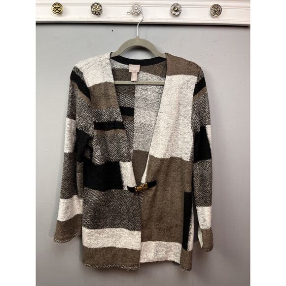 Chicos Patchwork Cardigan Womens Small‎ 0 Brown Tan soft Clasp Office Fall - Picture 1 of 7